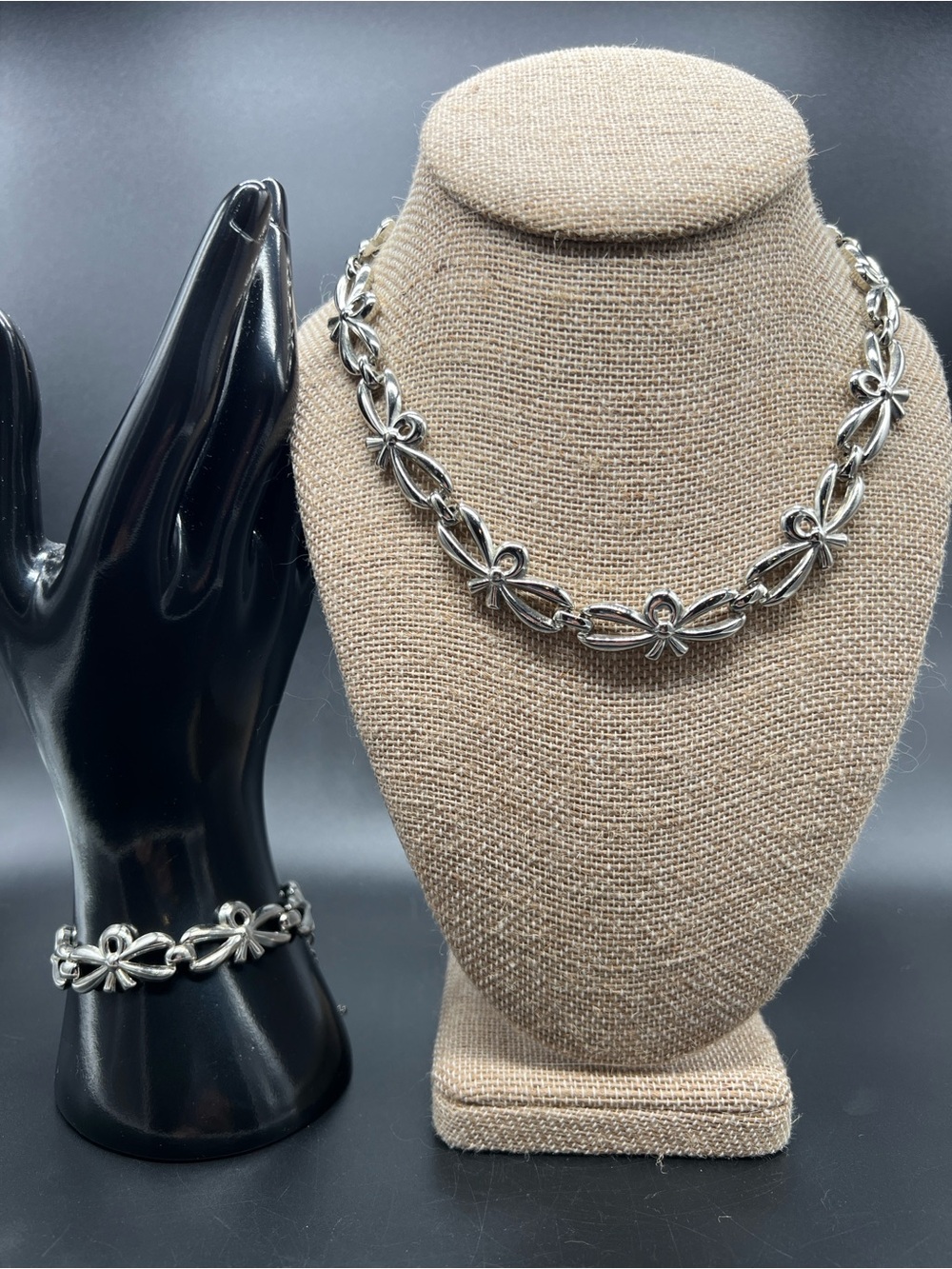 Monet Vintage Ribbon Bow Jewelry Set Necklace Bracelet Elegant Retro Chic